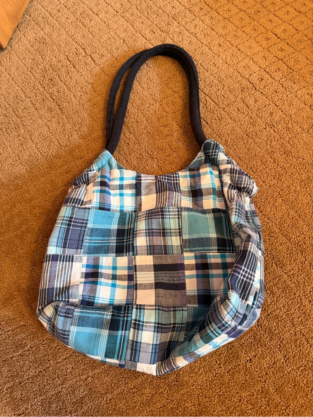 Joe Boxer Colorful blue Plaid Patchwork Tote Bag Purse Handbag Double Handle Vtg